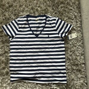 Polo by Ralph Lauren. V Neck Navy blue/white striped polo tee. Size XL. NWT.